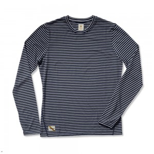 Tracksmith Horizon Long Sleeve Men's Shirts Navy/Ivory Stripe NZ | 40821GZNA