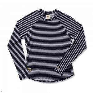 Tracksmith Horizon Long Sleeve Women's Shirts Navy/Ivory Stripe NZ | 83620LGFC