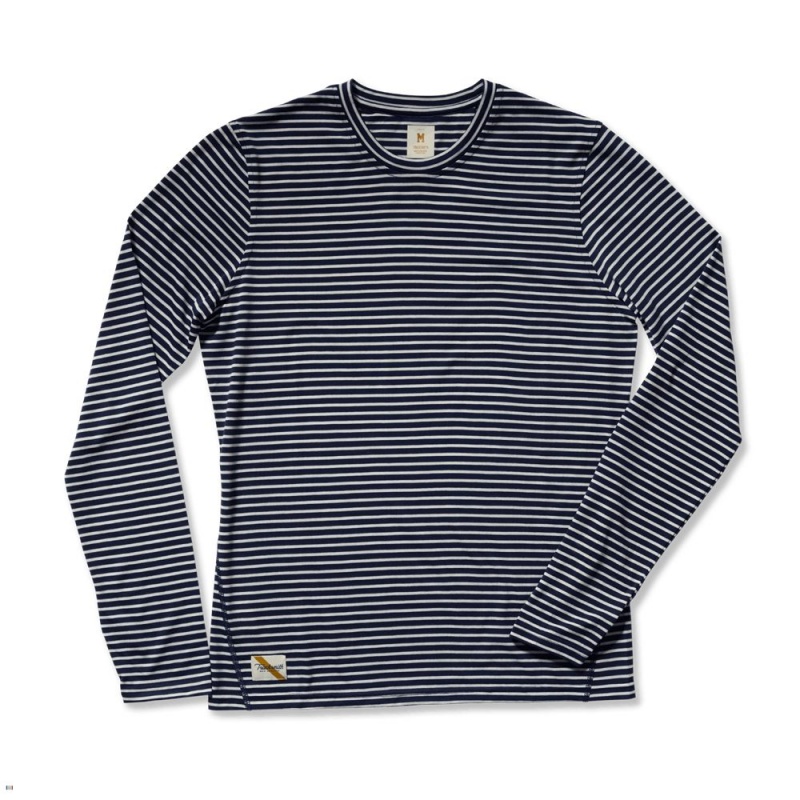 Tracksmith Horizon Long Sleeve Men\'s Shirts Navy/Ivory Stripe NZ | 40821GZNA