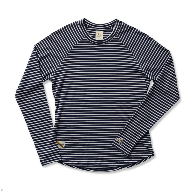 Tracksmith Horizon Long Sleeve Women\'s Shirts Navy/Ivory Stripe NZ | 83620LGFC